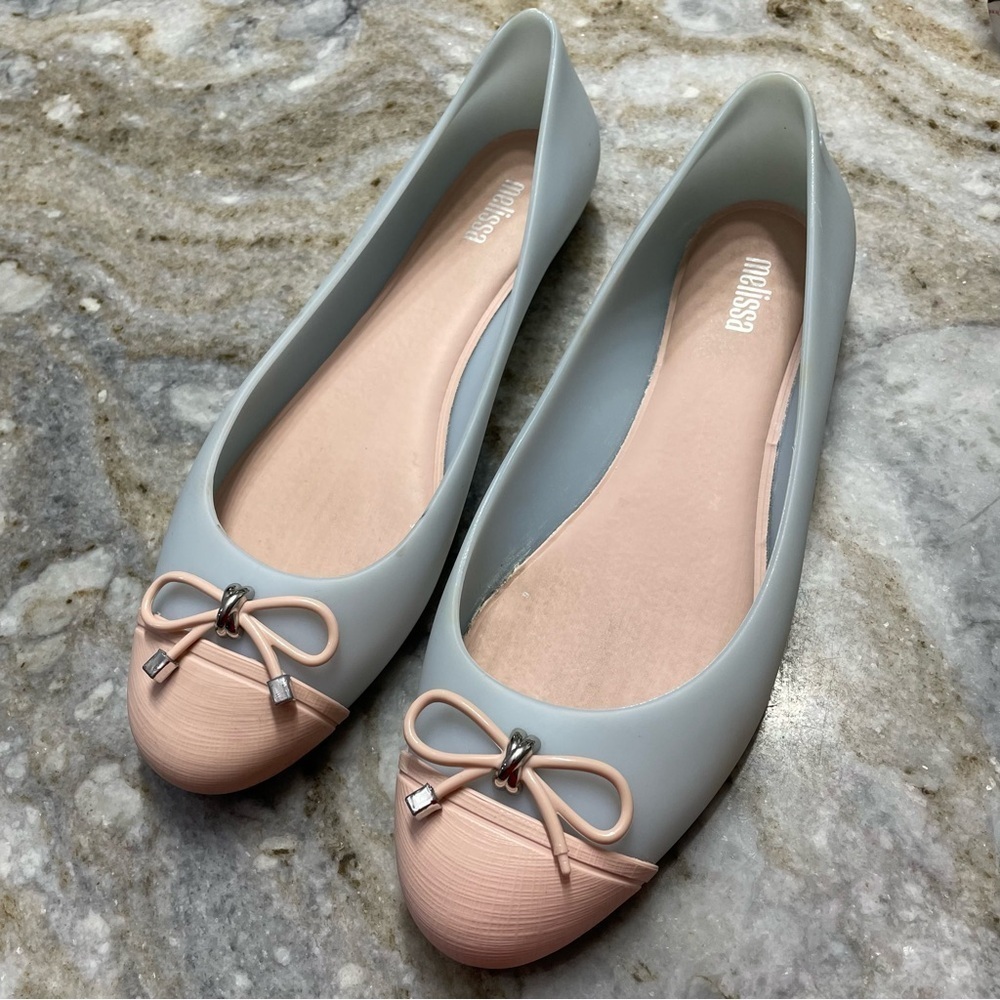 Melissa Womens Doll V Ballet Flats Shoes Pink Bow Cap Toe Slip On Size 7